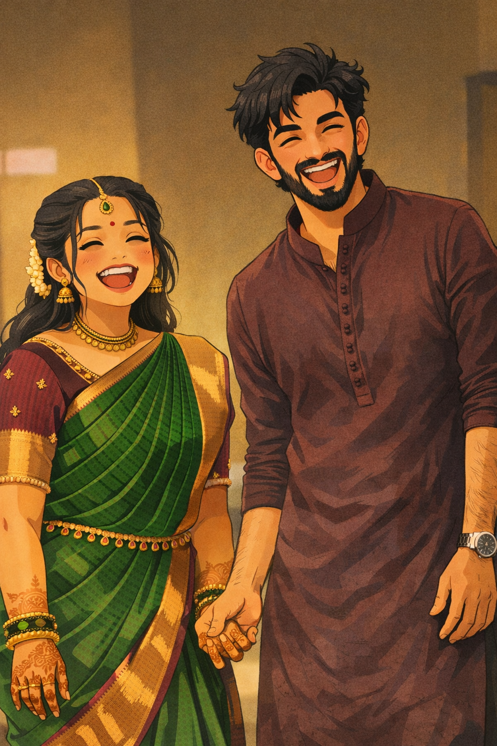 Gokul and Kavya couple portrait illustration